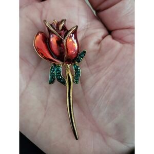 Vintage Red‎ Enamel Rose Brooch Gold Tone w/Green Rhinestones